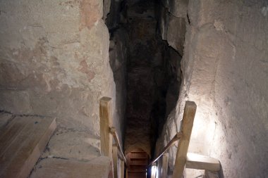 Giza, Egypt, January 26 2023: Details of the interior passages of The Bent Pyramid of king Sneferu, A unique example of early pyramid development in Egypt, madse of ancient limestone, selective focus