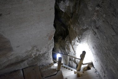 Giza, Egypt, January 26 2023: Details of the interior passages of The Bent Pyramid of king Sneferu, A unique example of early pyramid development in Egypt, madse of ancient limestone, selective focus