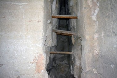 Giza, Egypt, January 26 2023: Details of the interior passages of The Bent Pyramid of king Sneferu, A unique example of early pyramid development in Egypt, madse of ancient limestone, selective focus