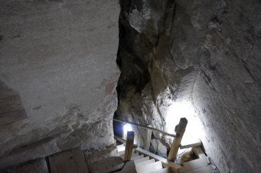 Giza, Egypt, January 26 2023: Details of the interior passages of The Bent Pyramid of king Sneferu, A unique example of early pyramid development in Egypt, madse of ancient limestone, selective focus
