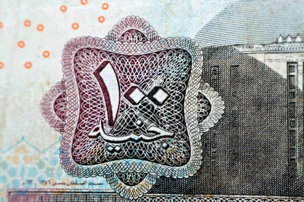 Close up of One hundred Egyptian pounds 100 EGP LE 2004 features Sultan Hassan mosque on obverse side and Sphinx of Giza Egypt on the reverse, selective focus of old Egyptian banknote money bill