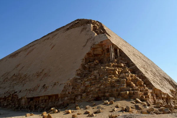 The Bent Pyramid of king Sneferu, A unique example of early pyramid development in Egypt located at Dahshur Badrashin Badrshein city, made of ancient limestone, height 104 meters, base 189 meters