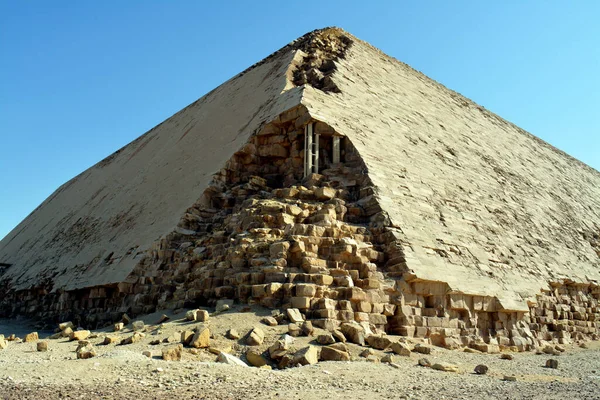 The Bent Pyramid of king Sneferu, A unique example of early pyramid development in Egypt located at Dahshur Badrashin Badrshein city, made of ancient limestone, height 104 meters, base 189 meters
