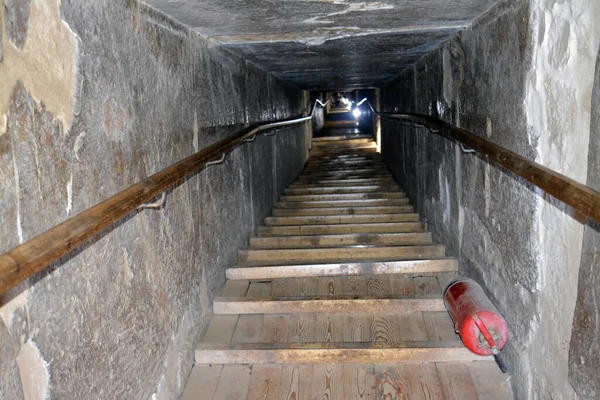 Giza, Egypt, January 26 2023: Details of the interior passages of The Bent Pyramid of king Sneferu, A unique example of early pyramid development in Egypt, madse of ancient limestone, selective focus