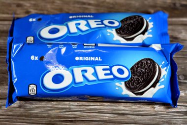 Cairo, Egypt, February 5 2023: Oreo original, a brand of sandwich cookie consisting of two biscuits or cookie pieces with a sweet creme filling, introduced by Nabisco and owned by Mondelez.