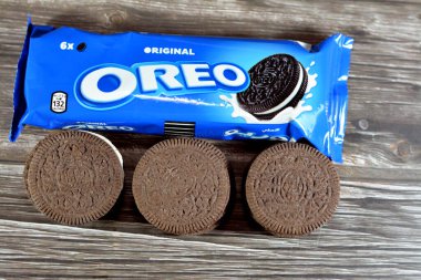 Cairo, Egypt, February 5 2023: Oreo original, a brand of sandwich cookie consisting of two biscuits or cookie pieces with a sweet creme filling, introduced by Nabisco and owned by Mondelez.