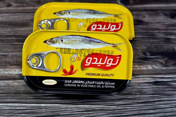 Cairo, Egypt, February 9 2023: Canned Tolido Sardines in vegetable oil and pepper, easy opening, sardine fish pilchards nutrient-rich, small, oily fish, a source of omega 3 fatty acid, selective focus