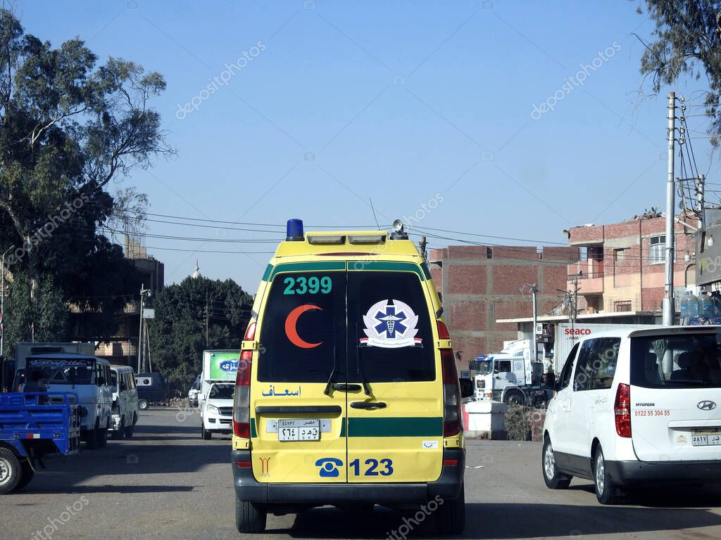Giza, Egypt, January 26 2023 Ambulance on road responding for an
