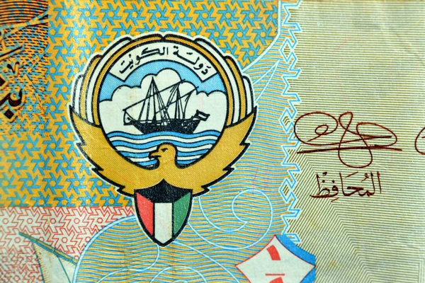 Brasão Armas Bandeira Kuwait Fecham Partir Lado Anverso Dólar Kuwait — Fotografia de Stock
