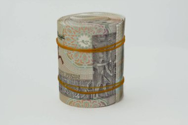 20 EGP LE 20 Mısır nakit para banknotları kauçuk bantlarla sarılmış Muhammed Ali camii, Pharaonic savaş arabası, Senusret I şapelinden frieze, Mısır para tomarı
