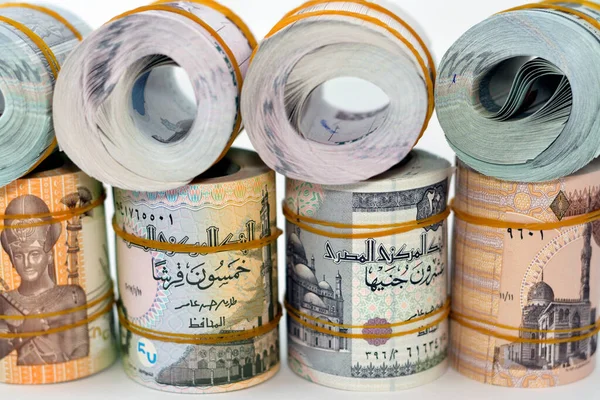 按1埃及镑 5埃及镑 10埃及镑 20埃及镑和50埃及镑 1埃及镑 5埃及镑 10埃及镑 20埃及镑和20埃及镑的钞票捆扎成橡皮筋的现金钞票的背景 — 图库照片