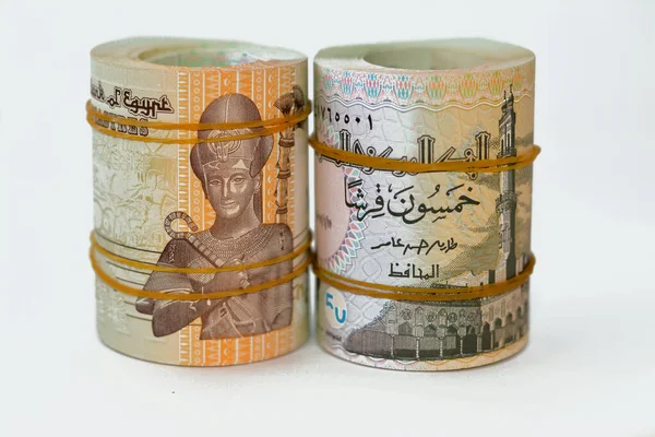 Piasters Половина Egp Египет Фунт Наличных Денег Счета Свернуты Резиновыми — стоковое фото