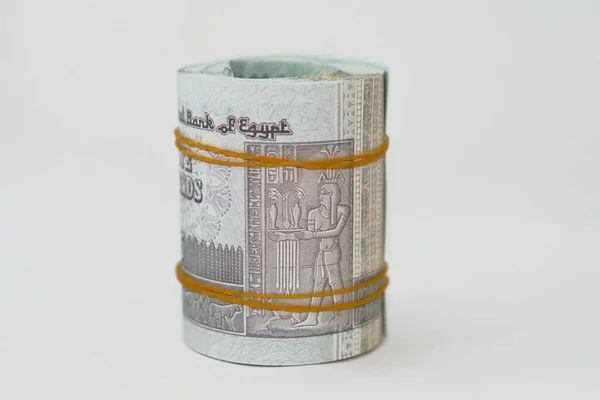 Egp Cinque Sterline Egiziane Banconote Contanti Arrotolate Con Elastici Con — Foto Stock