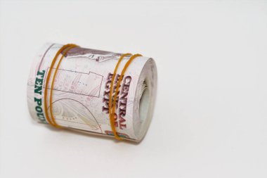 10 EGP LE 10 Mısır nakit para banknotları lastik bantlar ile sarılmış kraliyet camii ve khafre imajı ile taht, Mısır para demeti rulo, seçici odaklı