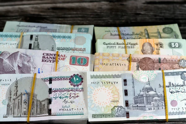Stapel Und Stapel Von Ägyptischen Geldscheinen Die Mit Gummibändern Verschiedenen — Stockfoto
