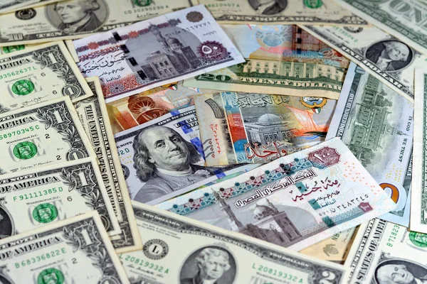 Egyptská Libra Měny Americkými Dolary Hotovostní Bankovky Různých Hodnot Kuvajtské — Stock fotografie