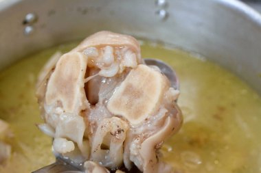 Arap Mısır mutfağından kawareh paçaları ve diz boyu kolajen ve jelatin dolu çorba, pişirilmiş inek ayakları ve dizler, koşu bandı kemik güveci, kas ve bağışıklık için iyi, seçici odaklanma