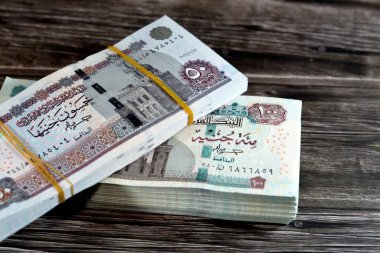 Mısır para desteleri 100 ve 50 EGP LE 100 ve 50 Pound banknot ahşap üzerinde izole Sultan Hassan ve Abu Hurayba camileri, sfenks, Edfu tapınağı ve kanatlı bok böceği