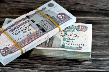 Mısır para desteleri 100 ve 50 EGP LE 100 ve 50 Pound banknot ahşap üzerinde izole Sultan Hassan ve Abu Hurayba camileri, sfenks, Edfu tapınağı ve kanatlı bok böceği