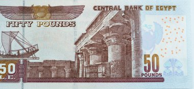 50 EGP LE 50 Mısır nakit para banknotları Ebu Hurayba Camii görüntüsü ters tarafta ve Edfu tapınağı ve kanatlı bok ters tarafta, Mısır para seçici odak noktası