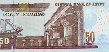 50 EGP LE 50 Mısır nakit para banknotları Ebu Hurayba Camii görüntüsü ters tarafta ve Edfu tapınağı ve kanatlı bok ters tarafta, Mısır para seçici odak noktası