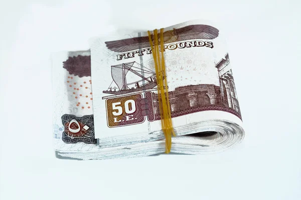 Összecsukható Egp Egyiptomi Font Készpénz Számlák Hengerelt Gumiszalaggal Egyiptom Pénz — Stock Fotó