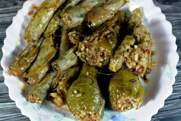 Bell Peppers Stuffed Egyptian Mahshi Eggplants White Aubergine Mahshy Filled — Fotografia de Stock