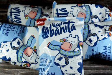 Kahire, Mısır, 28 Nisan 2023: Labanita, ahşap arka planda izole edilmiş doğal sütün seçici odak noktası Mansour şirketi tarafından 450 mL 'lik taze inek sütü paketi