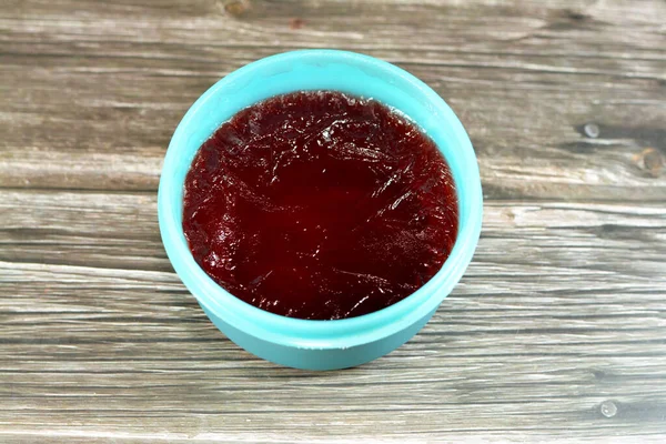 Close Delicious Sweet Red Jelly Pudding Strawberry Flavored Selective Focus — Stock Photo, Image