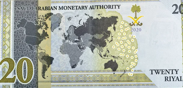 Sarの逆側の大きな断片20サウジアラビア リヤルズ銀行券通貨法案のお金異なる色でG20サミット国を描いた世界の地図と記念問題 — ストック写真