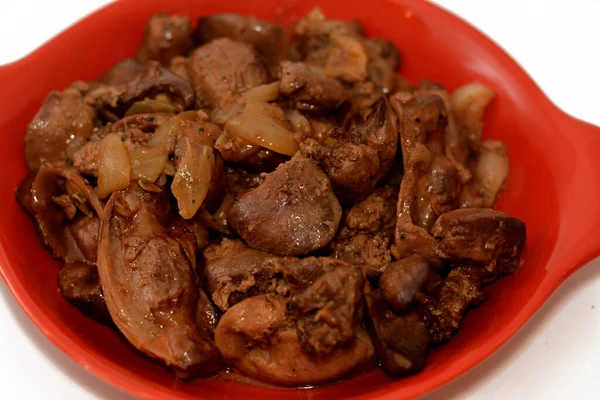 Cooked Chicken Livers Gizzards Hearts Selective Focus Fresh Liver Gizzard — Stock Photo, Image