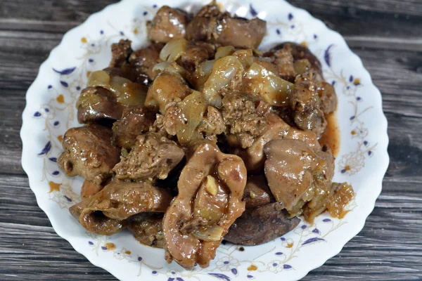 Cooked Chicken Livers Gizzards Hearts Selective Focus Fresh Liver Gizzard — Stock Photo, Image