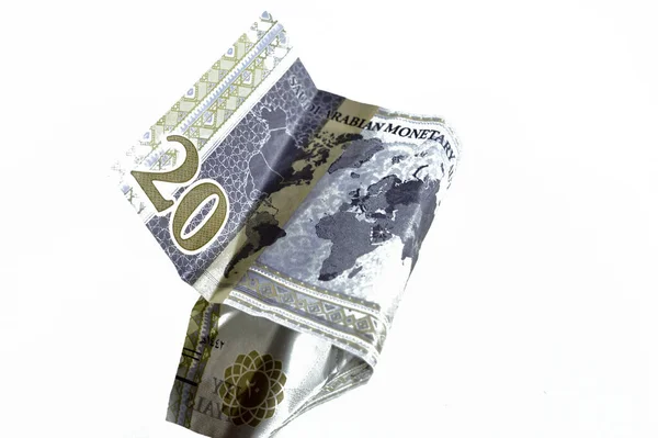 Zerknülltes Saudi Arabisches Geld Von Sar Zwanzig Rial Mit G20 — Stockfoto
