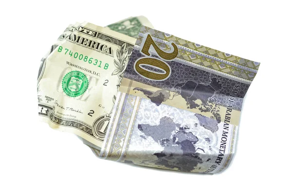Pomarszczone Zgniecione Pieniądze Arabii Saudyjskiej Sar Dwadzieścia Riali Dolar Amerykańskiej — Zdjęcie stockowe