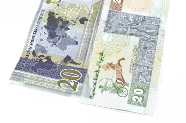 Suudi Arabistan 20 SAR 20 riyaller 20 LE 20 Mısırlı banknotlar, Mısırlı ve Suudi para bozdurma oranı Muhammed Ali Camii, Firavun savaş arabası ve frizbi, Kral Salman, harita