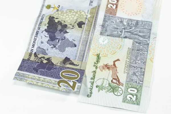 Saúdská Arábie Sar Dvacet Riyals Bankovek Dvacet Egyptských Liber Bankovky — Stock fotografie