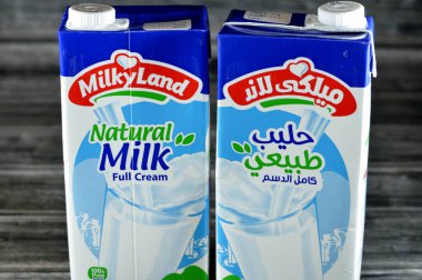 Kahire, Mısır, 30 Mayıs 2023: Milkyland tam kremalı süt kutusu Mansour şirketi tarafından 1 litre litrelik süt, saman ülkesinin seçici odak noktası ahşap arka planda izole edilmiş doğal süt