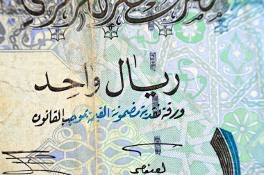 Katar banknotunun 1 Katar Riyal nakit para biriminin ters tarafından yakın plan görüntüsü Ornated sütun, kemerler, yelkenliler, palmiye ağaçları, çapraz kılıçlar, eski Katar faturası