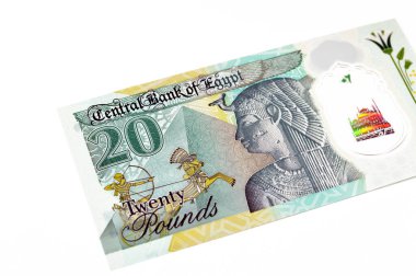 Yeni Mısır 'ın ters tarafı 20 EGP LE 20 polimer pound nakit para banknotu Kraliçe Kleopatra, Büyük Piramitler ve Mısır savaşçısı Firavun askeri savaş arabasıyla birlikte
