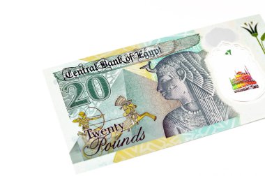 Yeni Mısır 'ın ters tarafı 20 EGP LE 20 polimer pound nakit para banknotu Kraliçe Kleopatra, Büyük Piramitler ve Mısır savaşçısı Firavun askeri savaş arabasıyla birlikte