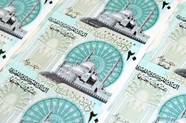 Yeni Mısır 20 EGP LE 20 polimer nakit para banknotu Mohamed Ali Camii, dokunsal ADA Braille noktalarıyla süslenmiş, Kraliçe Kleopatra, Büyük Piramit ve firavun askeri savaş arabası
