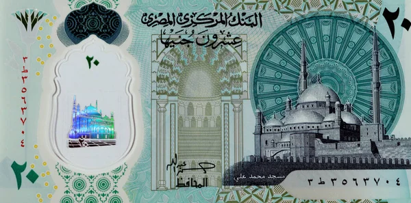新しいエジプト20 Egp 20ポンドの現金紙幣の反対側の大きな断片は モハメド アリモスクを備えており 触覚Ada点字ドットで飾られています — ストック写真