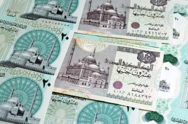 Eski 20 LE - Yeni Mısır 20 EGP LE 20 polimer nakit para banknotu Mohamed Ali Camii, dokunsal ADA Braille noktalarıyla süslenmiş, Kraliçe Kleopatra, Büyük Piramit, firavun arabası