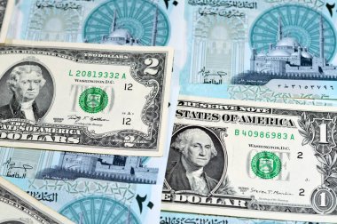 Amerikan doları banknotlarının arka planında yeni Mısır 20 EGP LE 20 polimer pound nakit para banknotu Mohamed Ali Camii, Amerikan ve Mısır döviz kurları yer alıyor