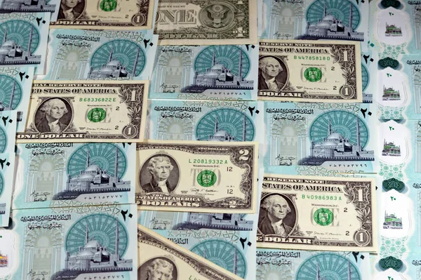 Achtergrond Van Usd Amerikaanse Dollars Bankbiljetten Met Nieuwe Egyptische Egp — Stockfoto
