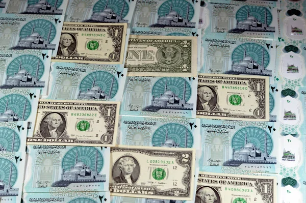 Antecedentes Dólares Estadounidenses Billetes Dinero Con Nuevo Egipcio Egp Veinte — Foto de Stock