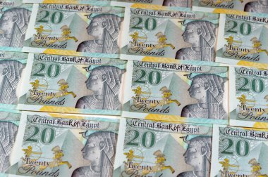 Yeni Mısır 20 EGP LE 20 polimer nakit para banknotu Mohamed Ali Camii, dokunsal ADA Braille noktalarıyla süslenmiş, Kraliçe Kleopatra, Büyük Piramit ve firavun askeri savaş arabası