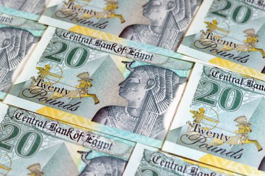 Yeni Mısır 20 EGP LE 20 polimer nakit para banknotu Mohamed Ali Camii, dokunsal ADA Braille noktalarıyla süslenmiş, Kraliçe Kleopatra, Büyük Piramit ve firavun askeri savaş arabası