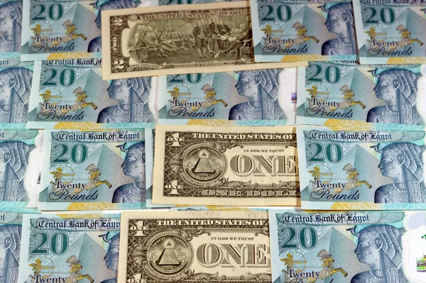 stock image Background of USD American dollars money bills with the new Egyptian 20 EGP LE twenty polymer pounds cash money banknote bill features Mohamed Ali Mosque, American and Egyptian currency exchange rate