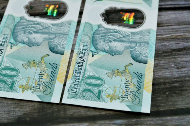 Yeni Mısır 'ın ters tarafı 20 EGP LE 20 polimer pound nakit para banknotu Kraliçe Kleopatra, Büyük Piramitler ve Mısır savaşçısı Firavun askeri savaş arabasıyla birlikte